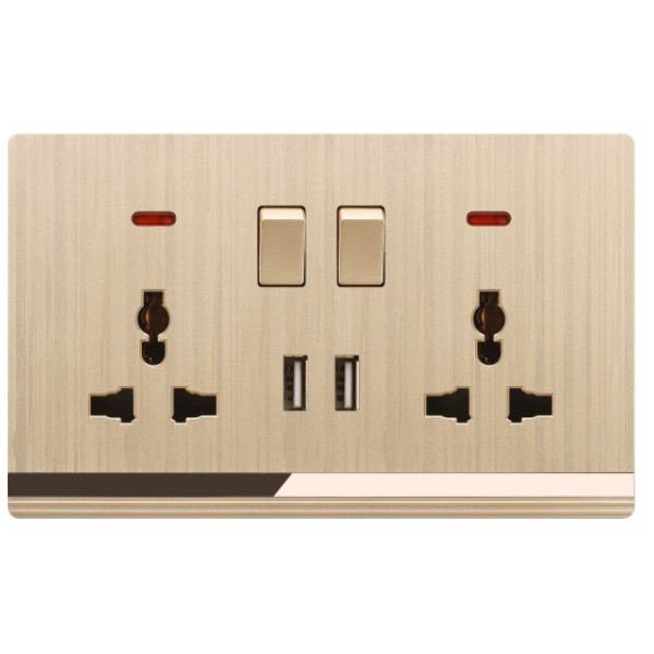 DOUBLE MF SWITCHED SOCKET WITH 2 USB-CHAMPAIGN GOLDEN SERIES