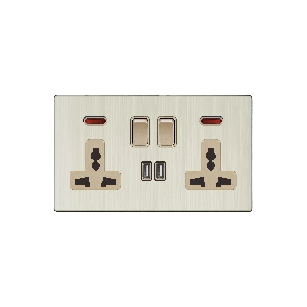 DOUBLE MF SWITCHED SOCKET WITH 2 USB-GOLDEN ALUMINUM