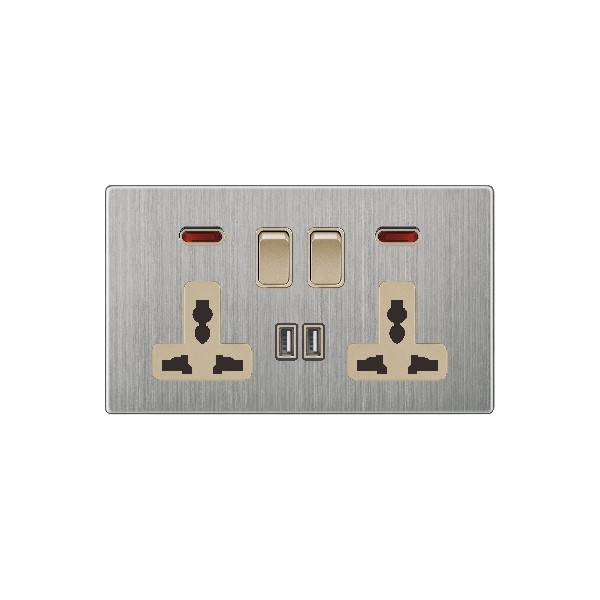 DOUBLE MF SWITCHED SOCKET WITH 2 USB-GOLDEN STAINLESS