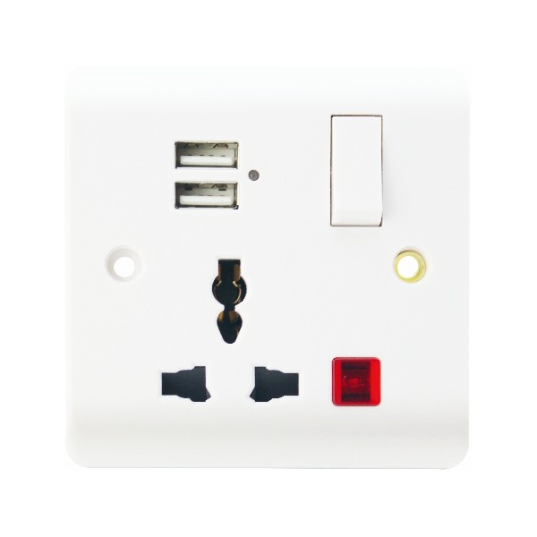 13A 1 GANG SWITCHED MULTI FUNCTION SOCKET + NEON WITH USB