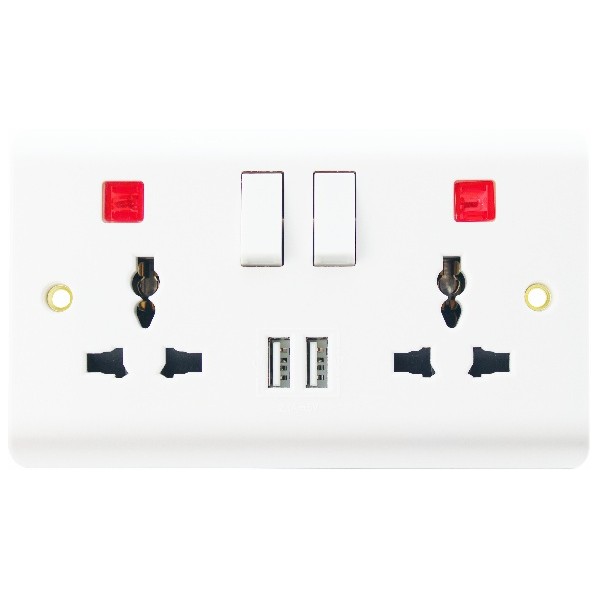 13A 2 GANG SWITCHED MULTI FUNCTION SOCKET + NEON WITH USB