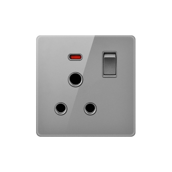 15A 1 GANG SWITCH + SOCKET WITH NEON-GLASS GRAY