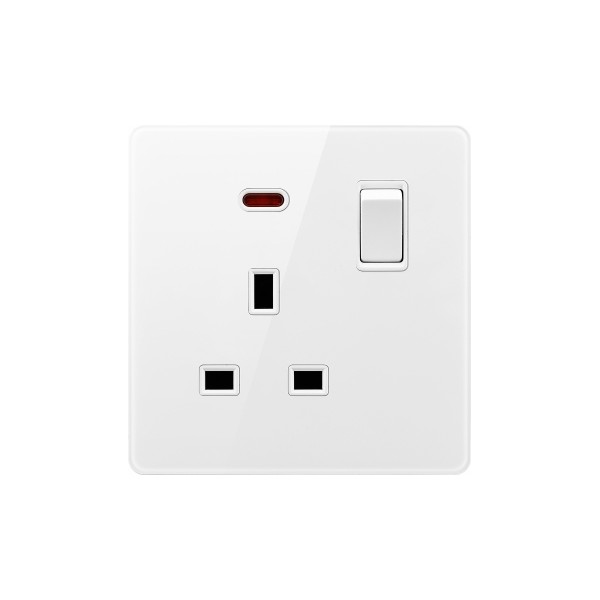 13A 1 GANG SWITCH + SOCKET WITH NEON-GLASS WHITE