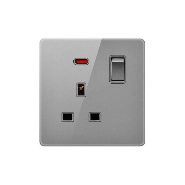 13A 1 GANG SWITCH + SOCKET WITH NEON-GLASS GRAY