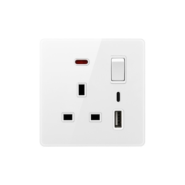 13A 1 GANG SWITCH + SOCKET USB & TYPE C WITH NEON-GLASS WHITE