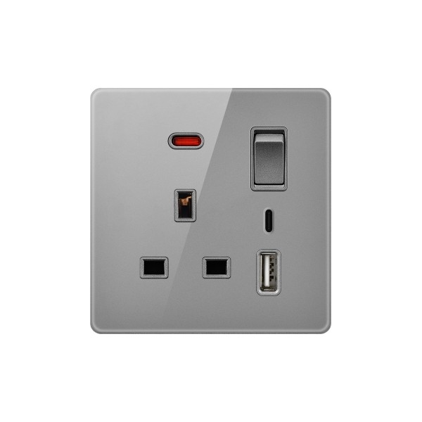 13A 1 GANG SWITCH + SOCKET USB & TYPE C WITH NEON-GLASS GRAY