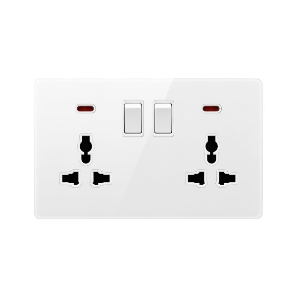 SWITCHED DOUBLE 3PIN UNIVERSAL SOCKET WITH NEON-GLASS WHITE