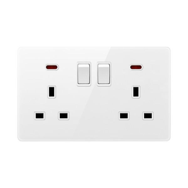 SWITCHED DOUBLE 13A SOCKET WITH NEON-GLASS WHITE