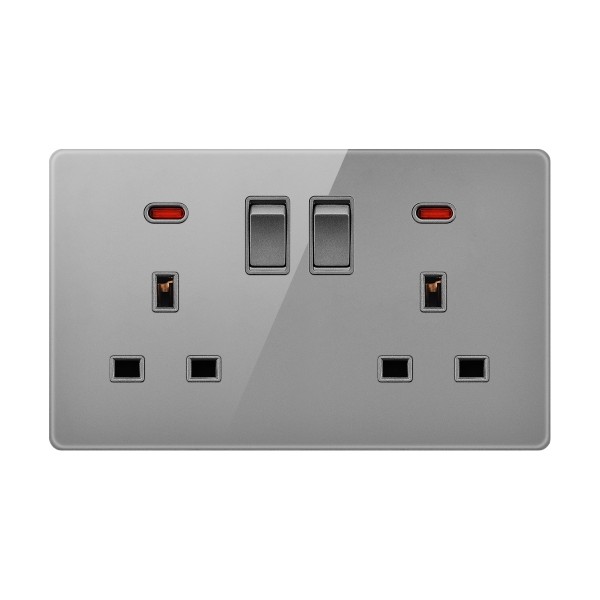 SWITCHED DOUBLE 13A SOCKET WITH NEON-GLASS GRAY