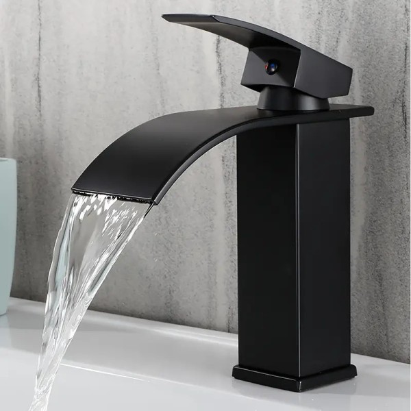 MODERN WATERFALL TAP, BLACK SINGLE-LEVER WASH BASIN MIXER TAP