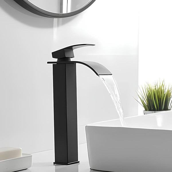 BLACK WATERFALL SPOUT TALL SINGLE HANDLE BATHROOM SINK FAUCET