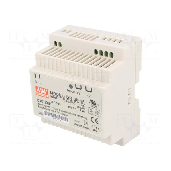 MEAN WELL DR-60-15 AC TO DC DIN-RAIL POWER SUPPLY 15V 4Amp 60W
