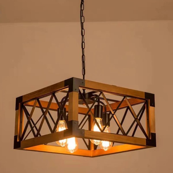 Solid Wood Square Frame Iron 4-Light Island Light Chandelier