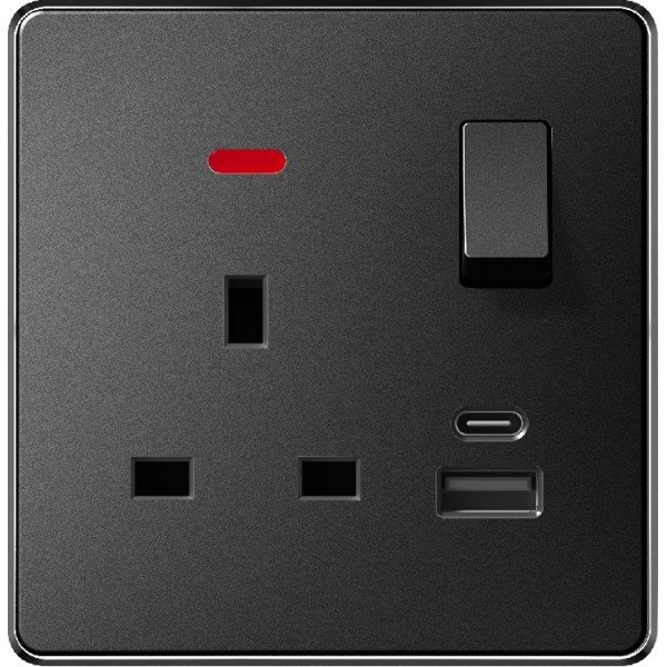 13A 1 GANG SWITCH + SOCKET USB & TYPE-C WITH NEON - BLACK