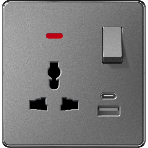 MULTI-FUNCTION SOCKET + USB & TYPE-C WITH SWITCH/NEON - GRAY