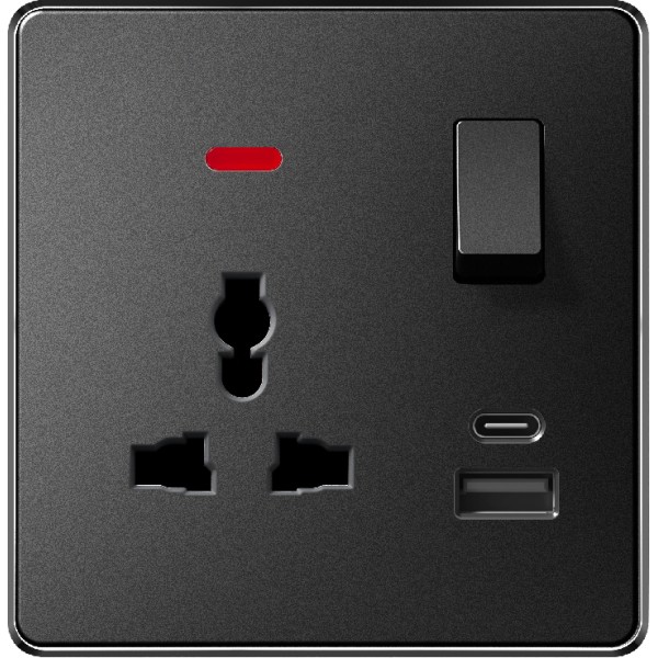 MULTI-FUNCTION SOCKET + USB & TYPE-C WITH SWITCH/NEON - BLACK