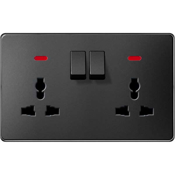 SWITCHED DOUBLE 3 PIN UNIVERSAL SOCKET WITH NEON - BLACK