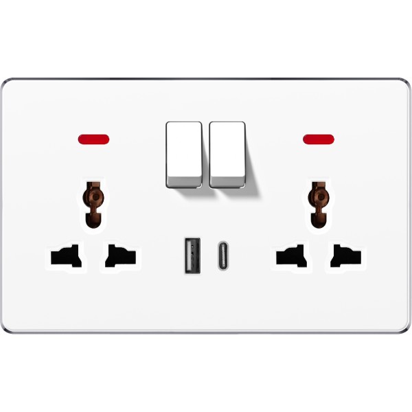 SWITCHED DOUBLE 3 PIN UNIVERSAL SOCKET USB & TYPE-C - WHITE