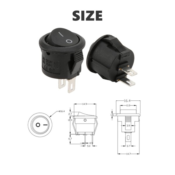 ON/OFF Boat Round Rocker Switch 2 Pin 6A 250VAC/10A 125VAC