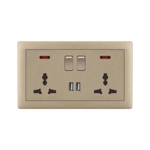 DOUBLE MF SWITCHED SOCKET WITH 2 USB-MATTE GOLDEN SERIES